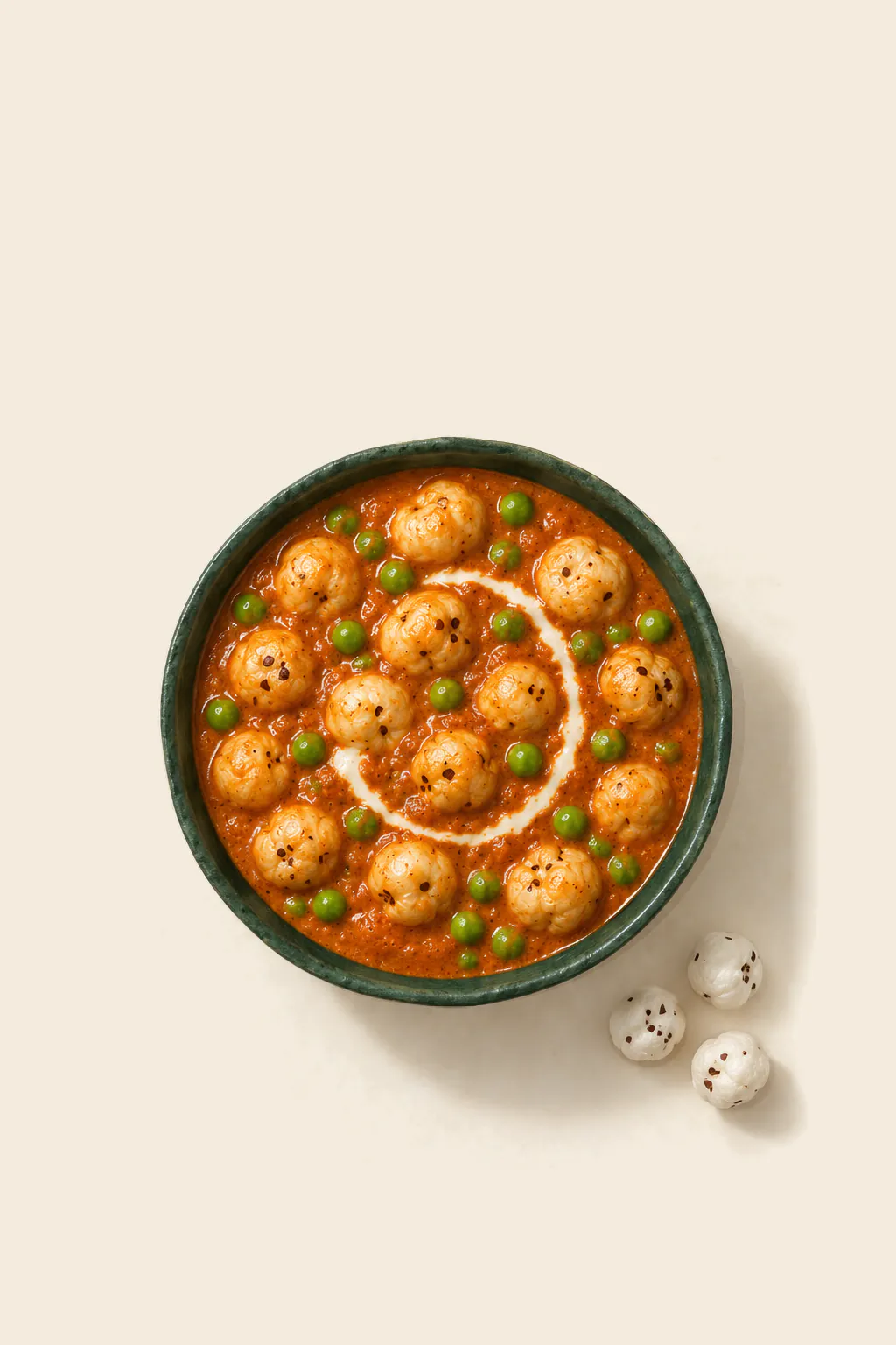 Makhana curry with peas in a green bowl