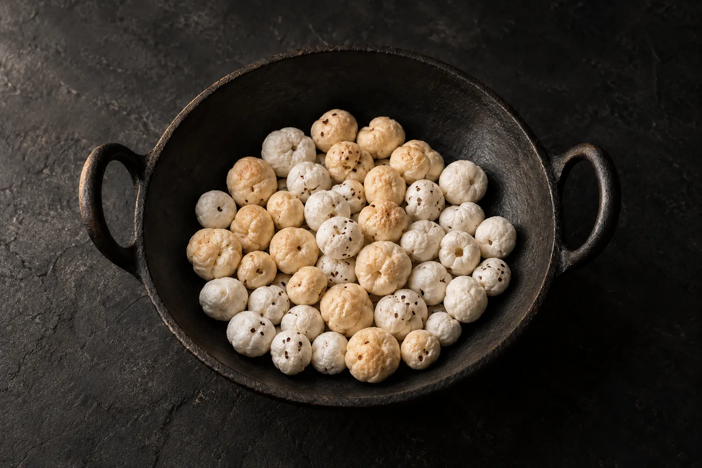 Makhana roasting in an iron kadai, turning golden