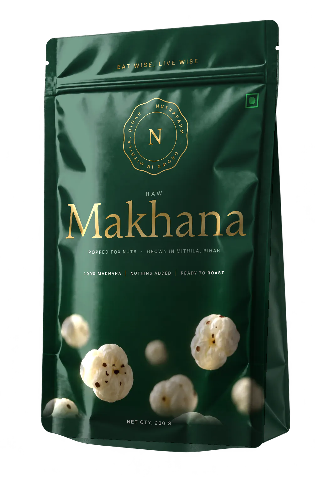 Nutrafarm Raw Makhana 200 g pouch, three-quarter view