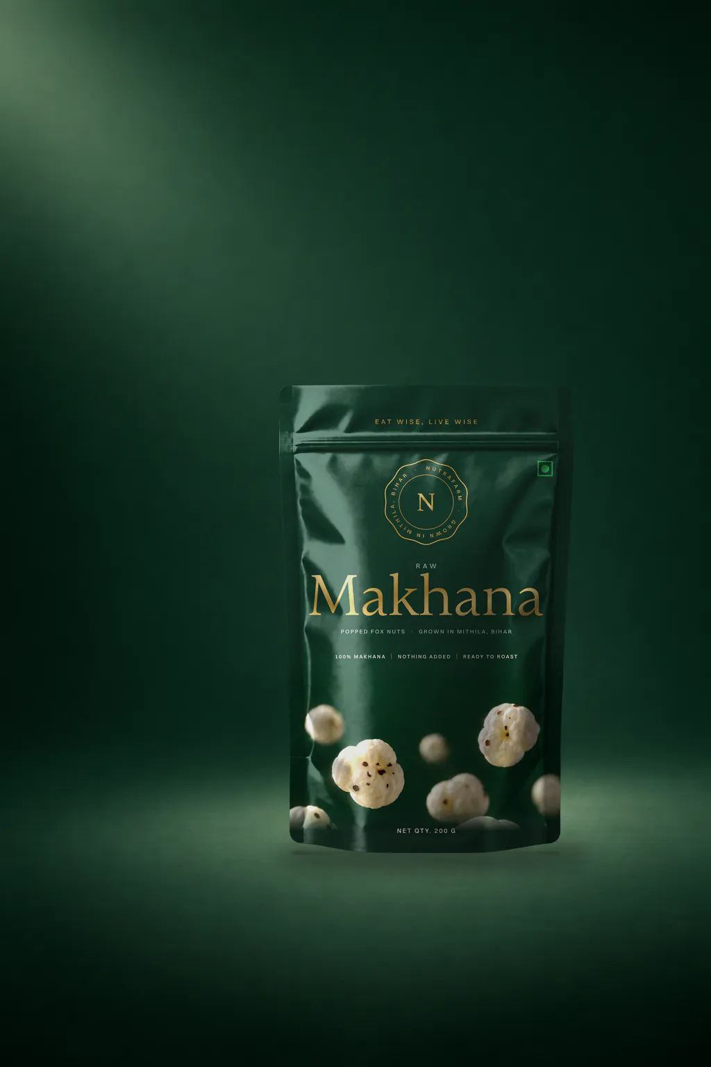 Nutrafarm Raw Makhana 200 g pouch on a green ground