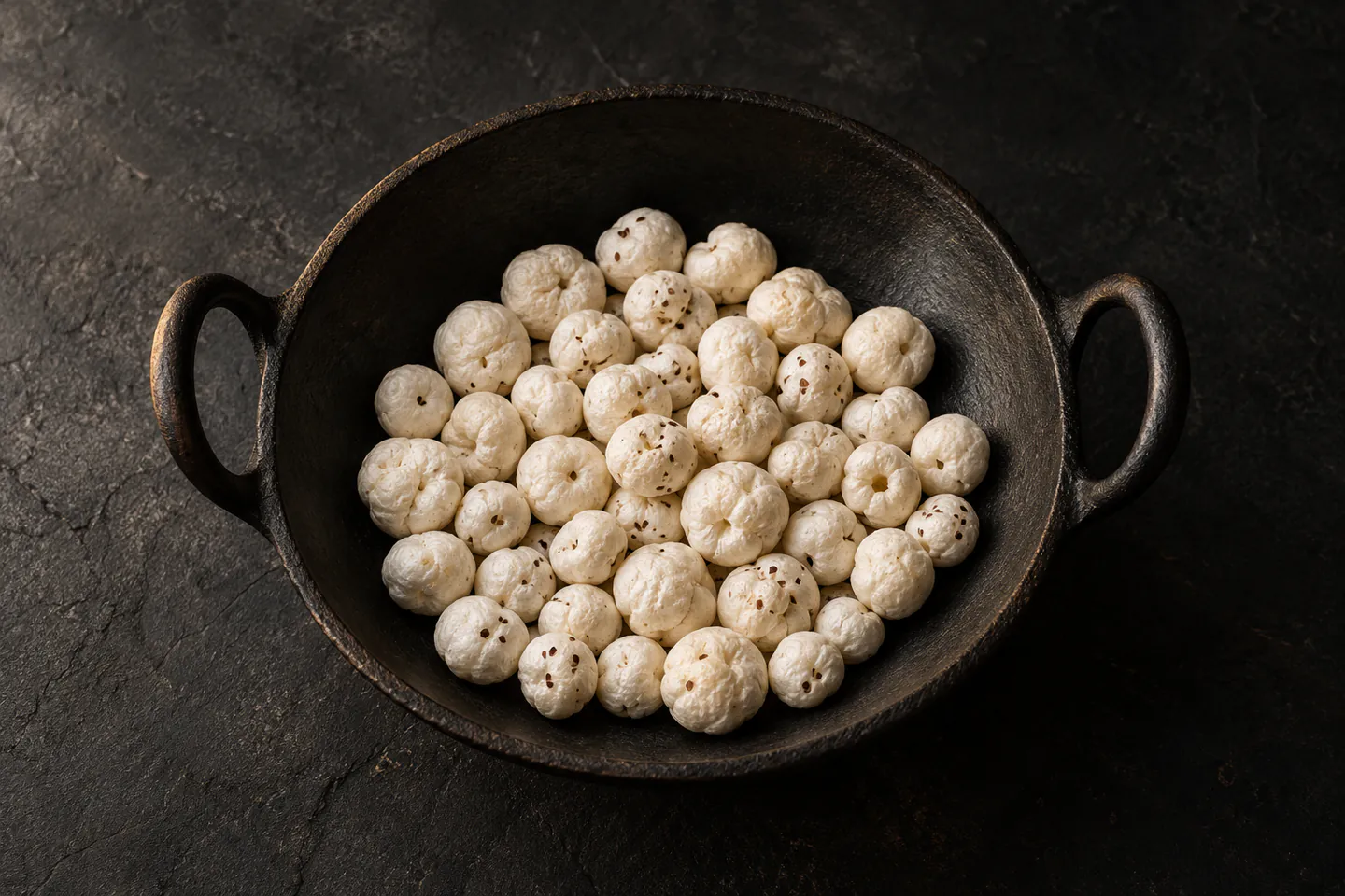 Raw makhana in an iron kadai, before roasting