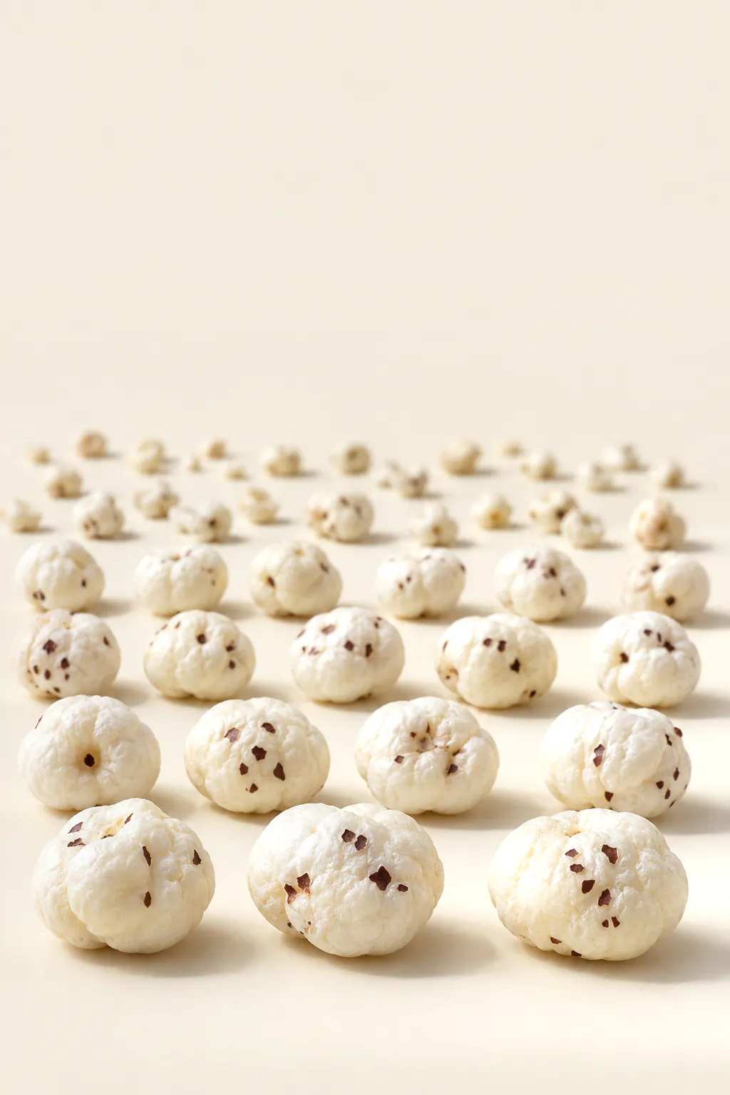 Raw makhana sorted into rows of large, even pieces